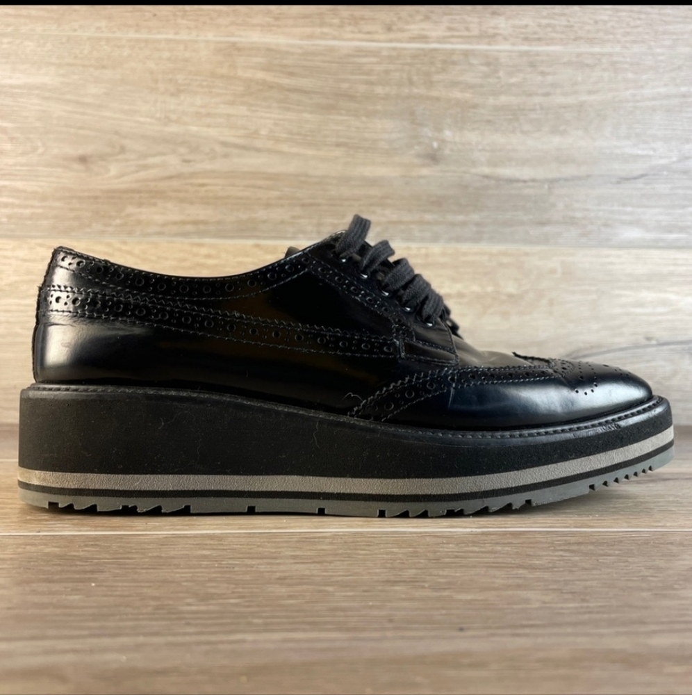 Prada Wingtip Brogue Oxford Platform Black  Patent Leather Shoes Size 38 - Picture 6 of 12